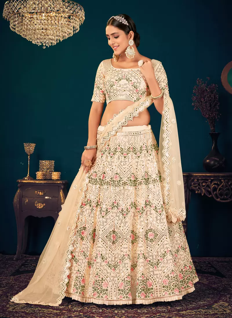 Beige Multi-thread, Sequins & gota patti Embroidered with all over diamond pasting Georgette Semi-stitched Lehenga