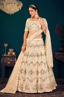 Beige Multi-thread, Sequins & gota patti Embroidered with all over diamond pasting Georgette Semi-stitched Lehenga