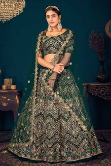 Dark Green Multi-thread, Sequins & gota patti Embroidered with all over diamond pasting Georgette Semi-stitched Lehenga