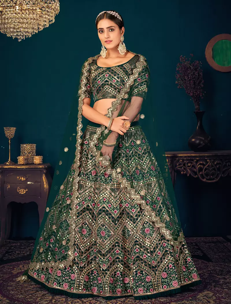 Dark Green Multi-thread, Sequins & gota patti Embroidered with all over diamond pasting Georgette Semi-stitched Lehenga