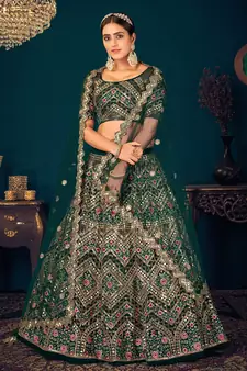 Dark Green Multi-thread, Sequins & gota patti Embroidered with all over diamond pasting Georgette Semi-stitched Lehenga