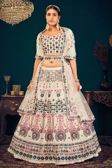 Pearl White Multi-thread and Sequins with gota patti Embroidered Georgette Semi-stitched Lehenga