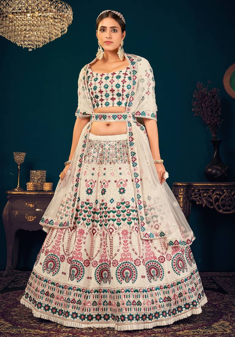 Pearl White Multi-thread and Sequins with gota patti Embroidered Georgette Semi-stitched Lehenga