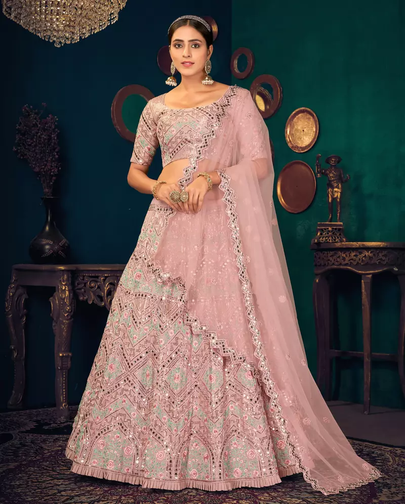 Pastel Pink Multi-thread, Sequins & gota patti Embroidered with all over diamond pasting Georgette Semi-stitched Lehenga