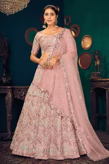 Pastel Pink Multi-thread, Sequins & gota patti Embroidered with all over diamond pasting Georgette Semi-stitched Lehenga