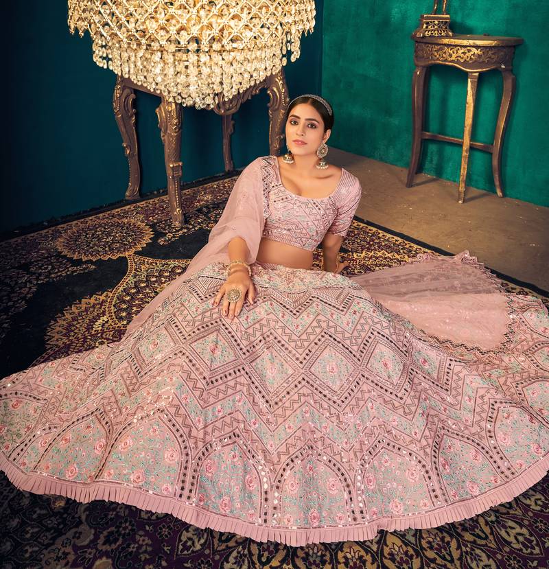 Pastel Pink Multi-thread, Sequins & gota patti Embroidered Georgette Party wear Lehenga Choli