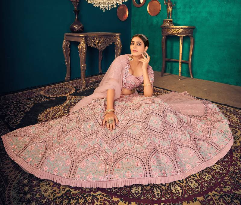 Pastel Pink Multi-thread, Sequins & gota patti Embroidered Georgette Party wear Lehenga Choli