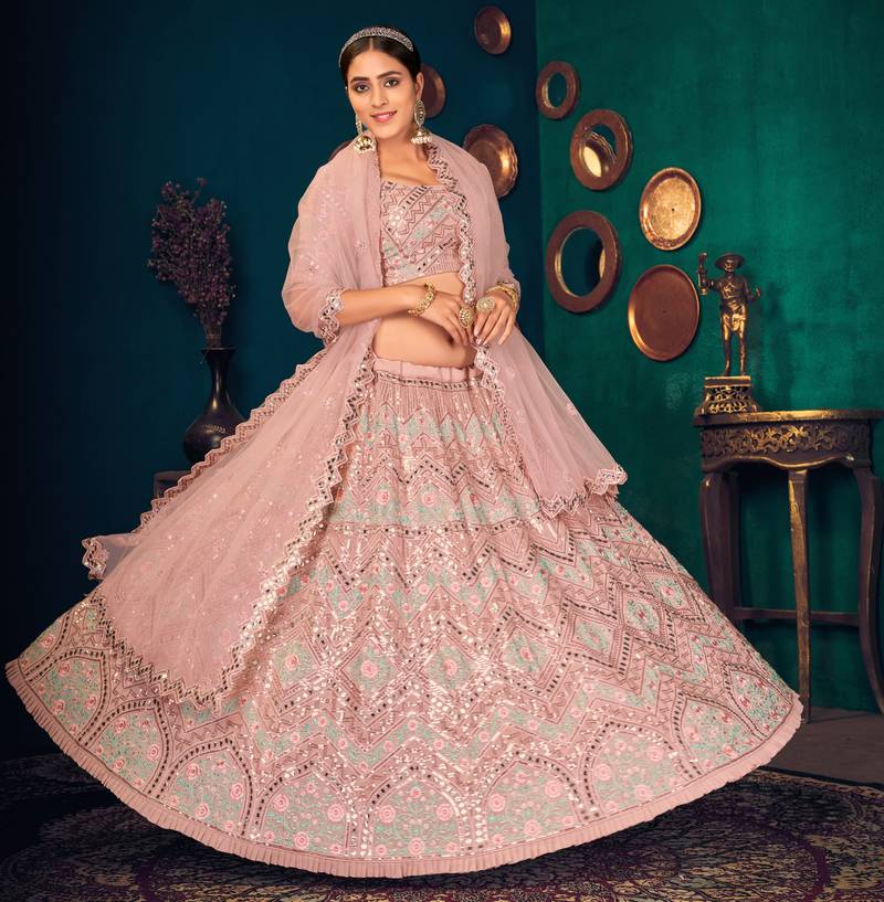 Pastel Pink Multi-thread, Sequins & gota patti Embroidered Georgette Party wear Lehenga Choli