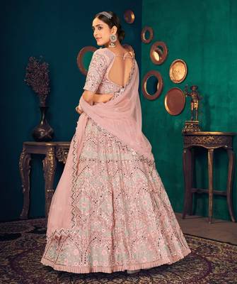 Pastel Pink Multi-thread, Sequins & gota patti Embroidered Georgette Party wear Lehenga Choli 5