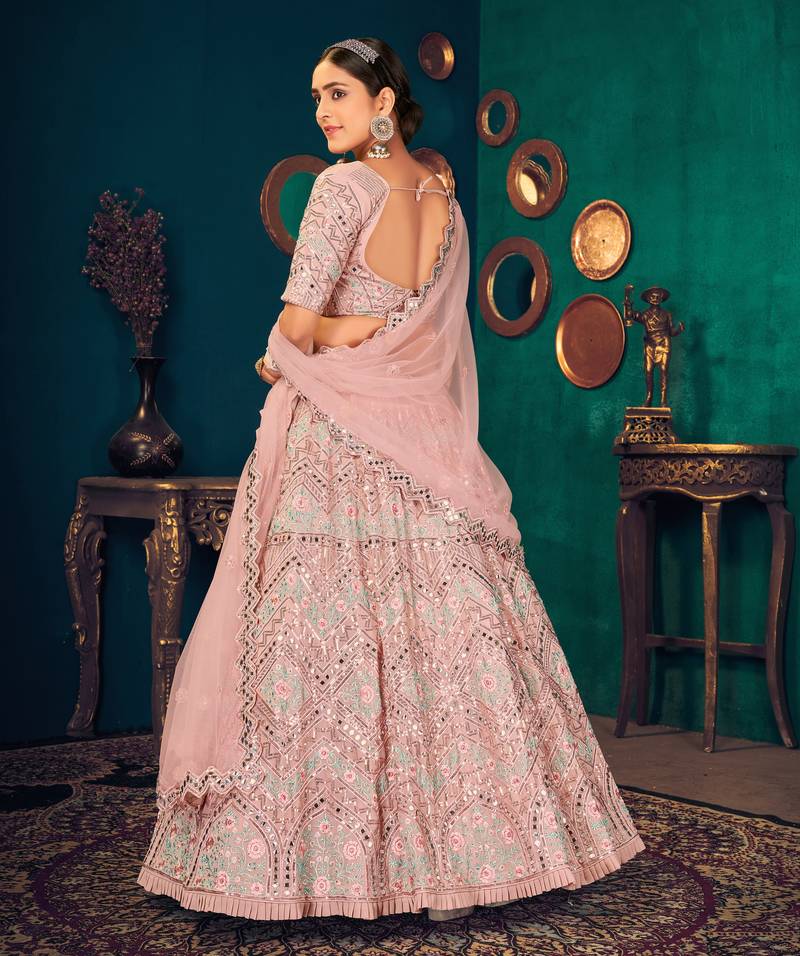 Pastel Pink Multi-thread, Sequins & gota patti Embroidered Georgette Party wear Lehenga Choli