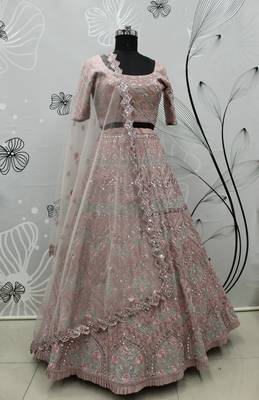 Pastel Pink Multi-thread, Sequins & gota patti Embroidered Georgette Party wear Lehenga Choli 6