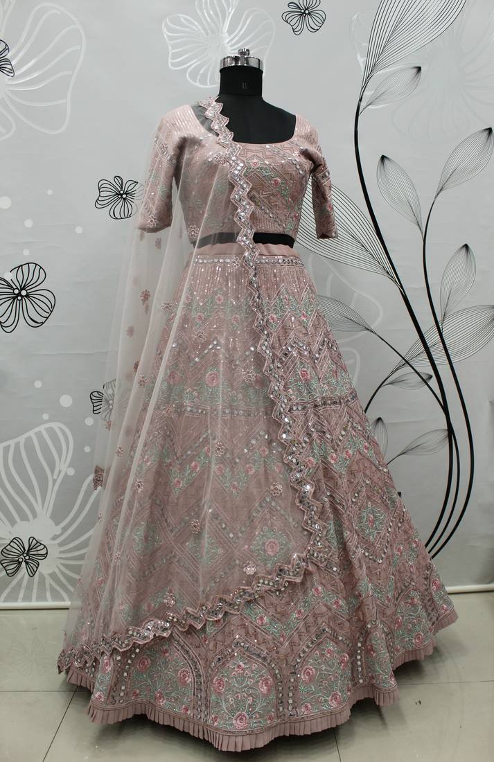 Pastel Pink Multi-thread, Sequins & gota patti Embroidered Georgette Party wear Lehenga Choli