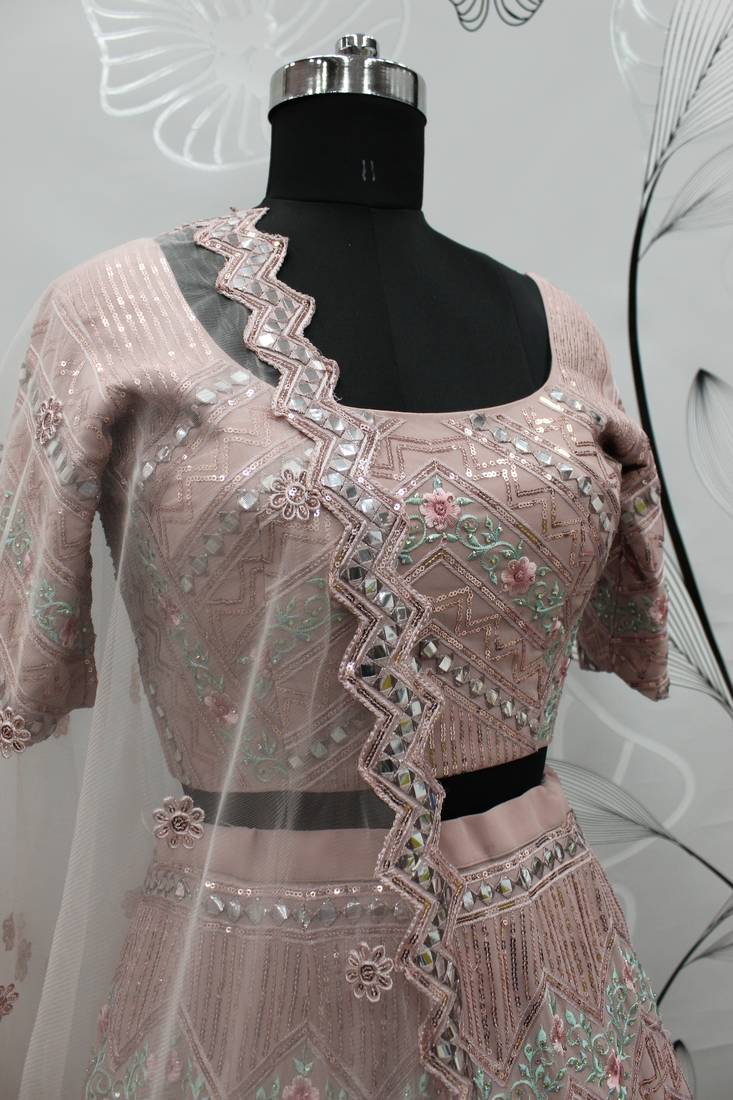 Pastel Pink Multi-thread, Sequins & gota patti Embroidered Georgette Party wear Lehenga Choli