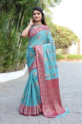 Aqua blue jacquard jacquard saree with blouse 1