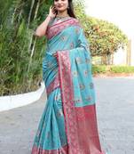 Aqua blue jacquard jacquard saree with blouse