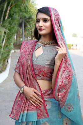 Aqua blue jacquard jacquard saree with blouse 2