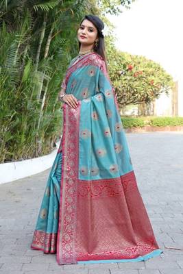 Aqua blue jacquard jacquard saree with blouse 3