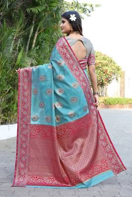 Aqua blue jacquard jacquard saree with blouse 4