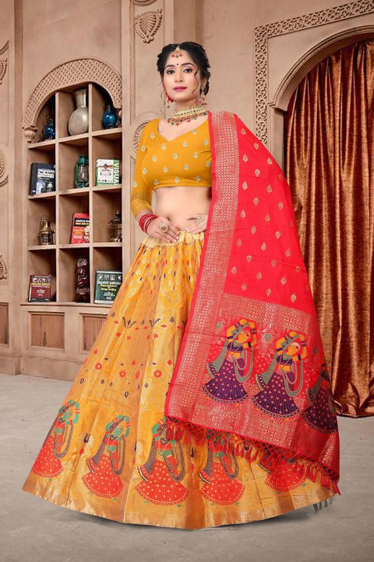 yellow Jequard Semistiched Lehenga Choli With Dupatta Set