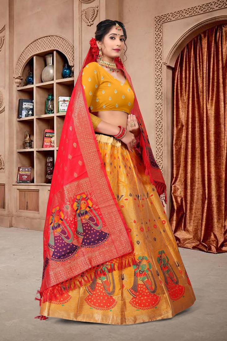 yellow Jequard Semistiched Lehenga Choli With Dupatta Set