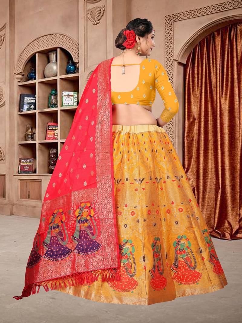 yellow Jequard Semistiched Lehenga Choli With Dupatta Set
