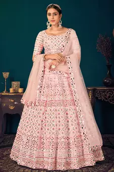 Powder Pink Multi-thread with gota patti Embroidered Georgette Semi-stitched Lehenga