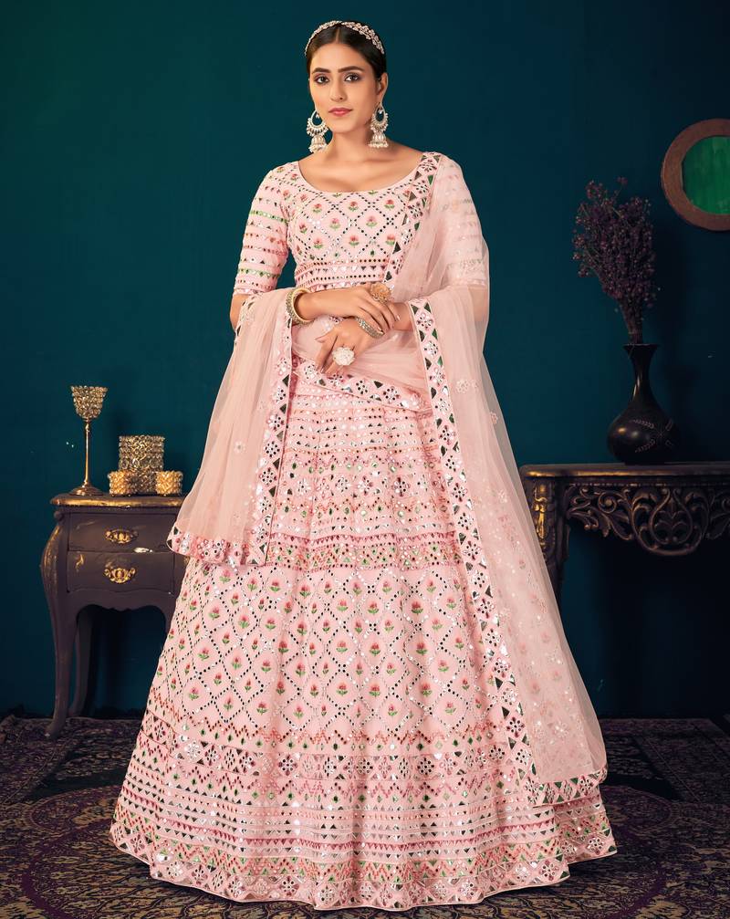 Powder Pink Multi-thread with gota patti Embroidered Georgette Semi-stitched Lehenga