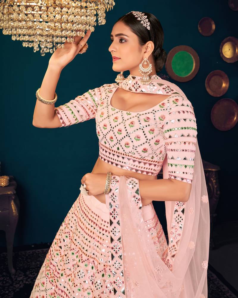 Powder Pink Multi-thread with gota patti Embroidered Georgette Semi-stitched Lehenga
