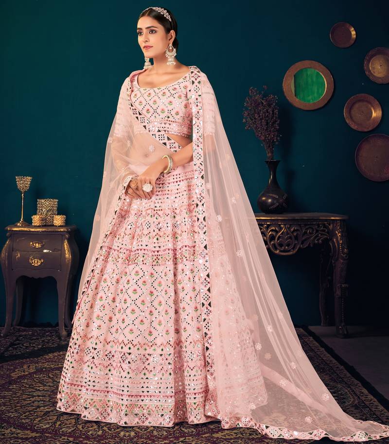 Powder Pink Multi-thread with gota patti Embroidered Georgette Semi-stitched Lehenga