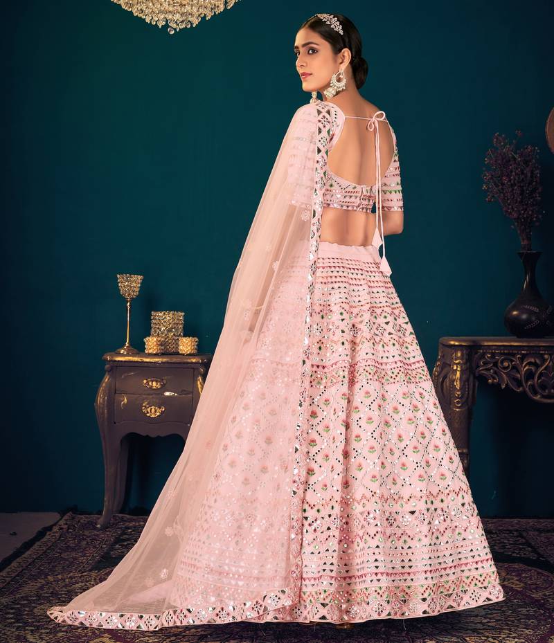 Powder Pink Multi-thread with gota patti Embroidered Georgette Semi-stitched Lehenga