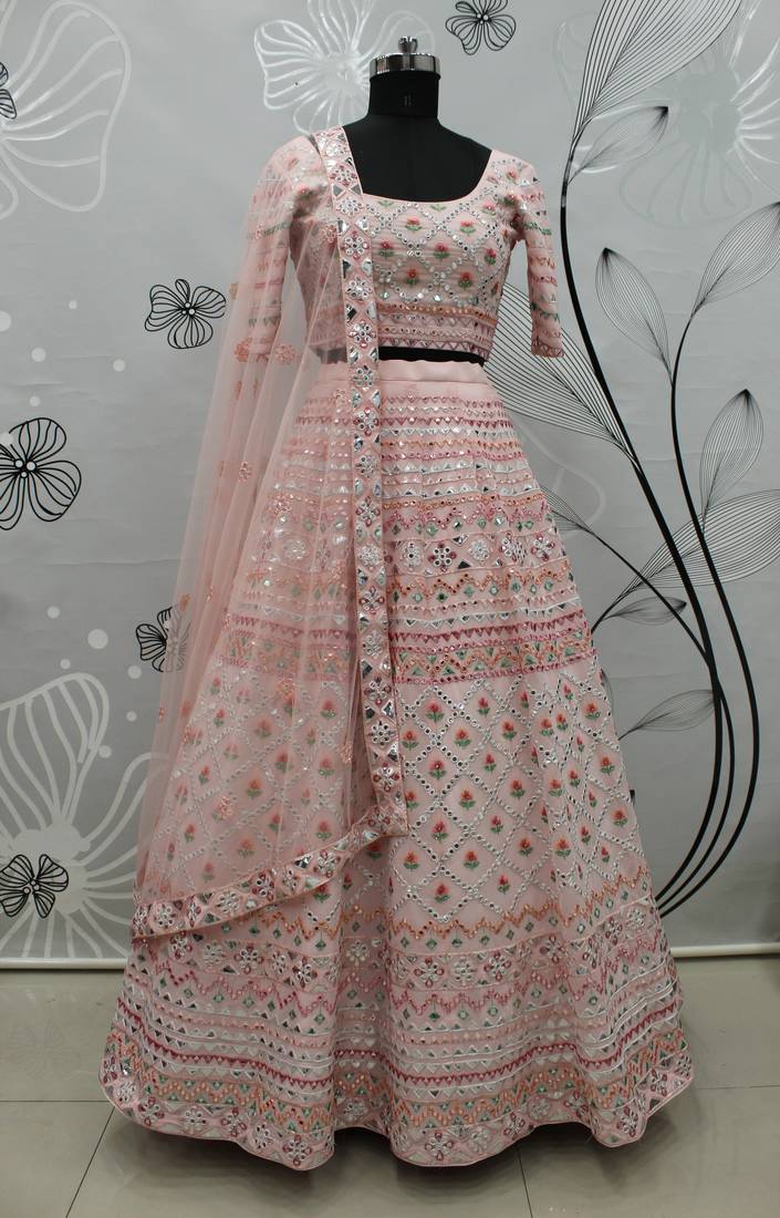 Powder Pink Multi-thread with gota patti Embroidered Georgette Semi-stitched Lehenga
