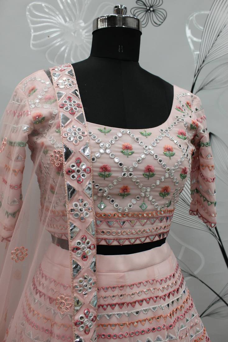 Powder Pink Multi-thread with gota patti Embroidered Georgette Semi-stitched Lehenga