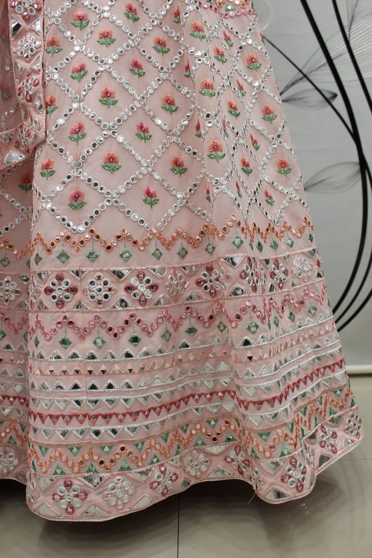 Powder Pink Multi-thread with gota patti Embroidered Georgette Semi-stitched Lehenga