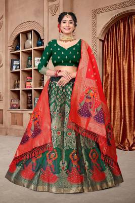 Green Jequard Semistiched Lehenga Choli With Dupatta Set 1