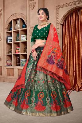 Green Jequard Semistiched Lehenga Choli With Dupatta Set 2