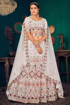 White Multi-thread with gota patti Embroidered Georgette Semi-stitched Lehenga