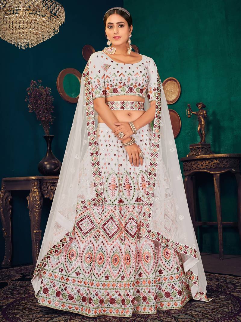 White Multi-thread with gota patti Embroidered Georgette Semi-stitched Lehenga