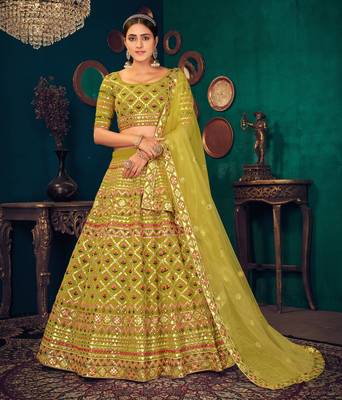 Lime Green Multi-thread with gota patti Embroidered Georgette Semi Stitched Lehenga 1