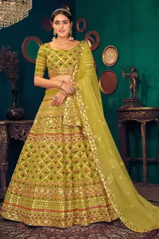 Lime Green Multi-thread with gota patti Embroidered Georgette Semi-stitched Lehenga