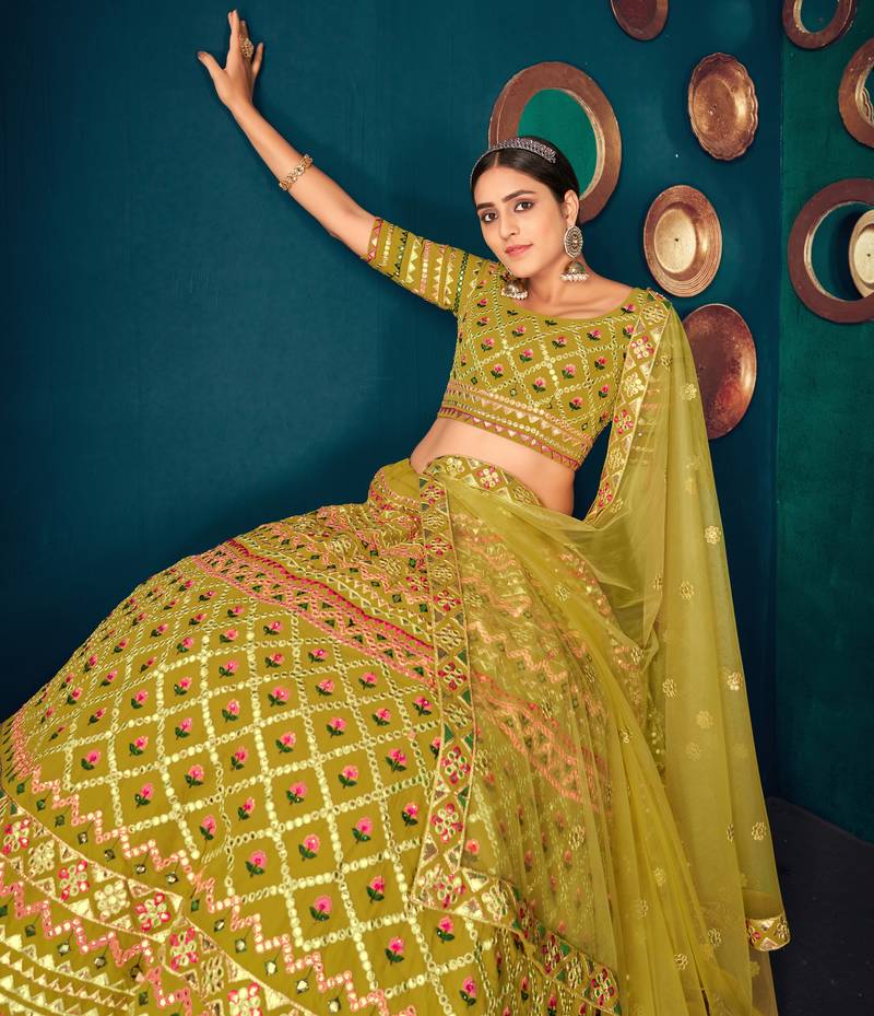 Lime Green Multi-thread with gota patti Embroidered Georgette Semi Stitched Lehenga
