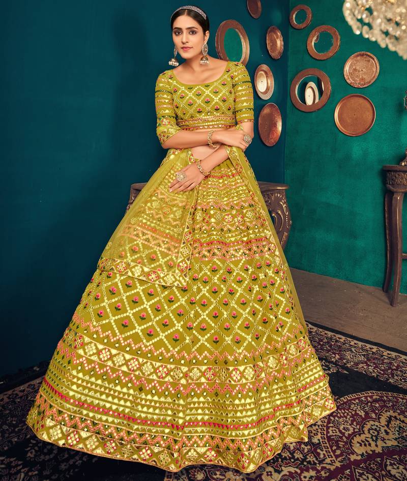 Lime Green Multi-thread with gota patti Embroidered Georgette Semi Stitched Lehenga