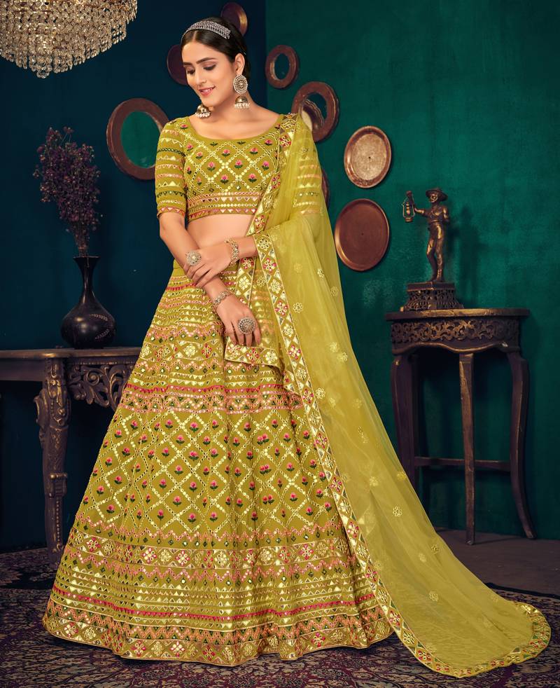 Lime Green Multi-thread with gota patti Embroidered Georgette Semi Stitched Lehenga