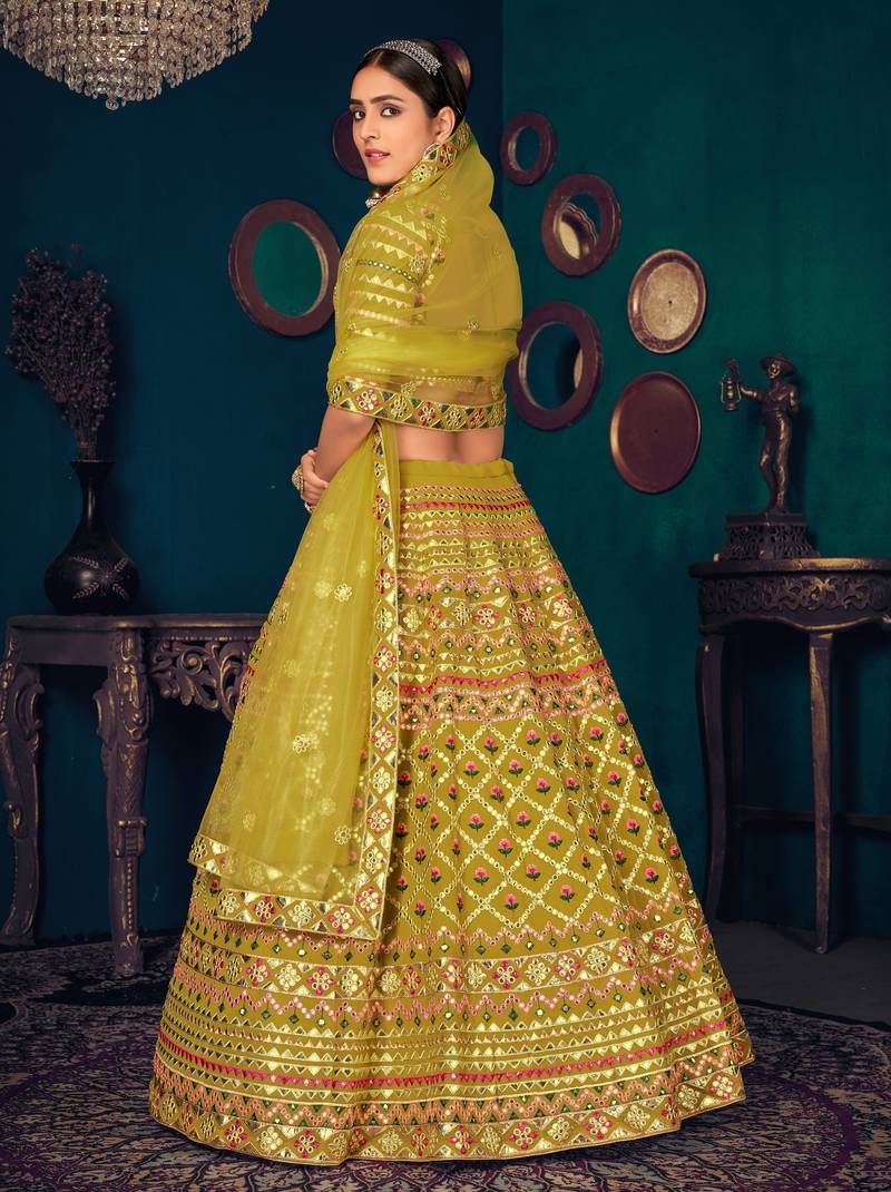Lime Green Multi-thread with gota patti Embroidered Georgette Semi Stitched Lehenga