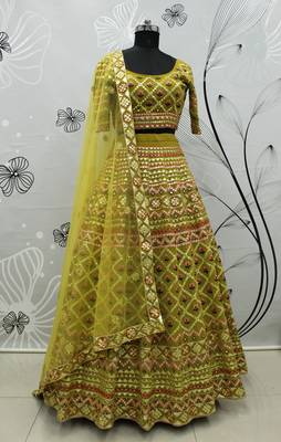 Lime Green Multi-thread with gota patti Embroidered Georgette Semi Stitched Lehenga 6