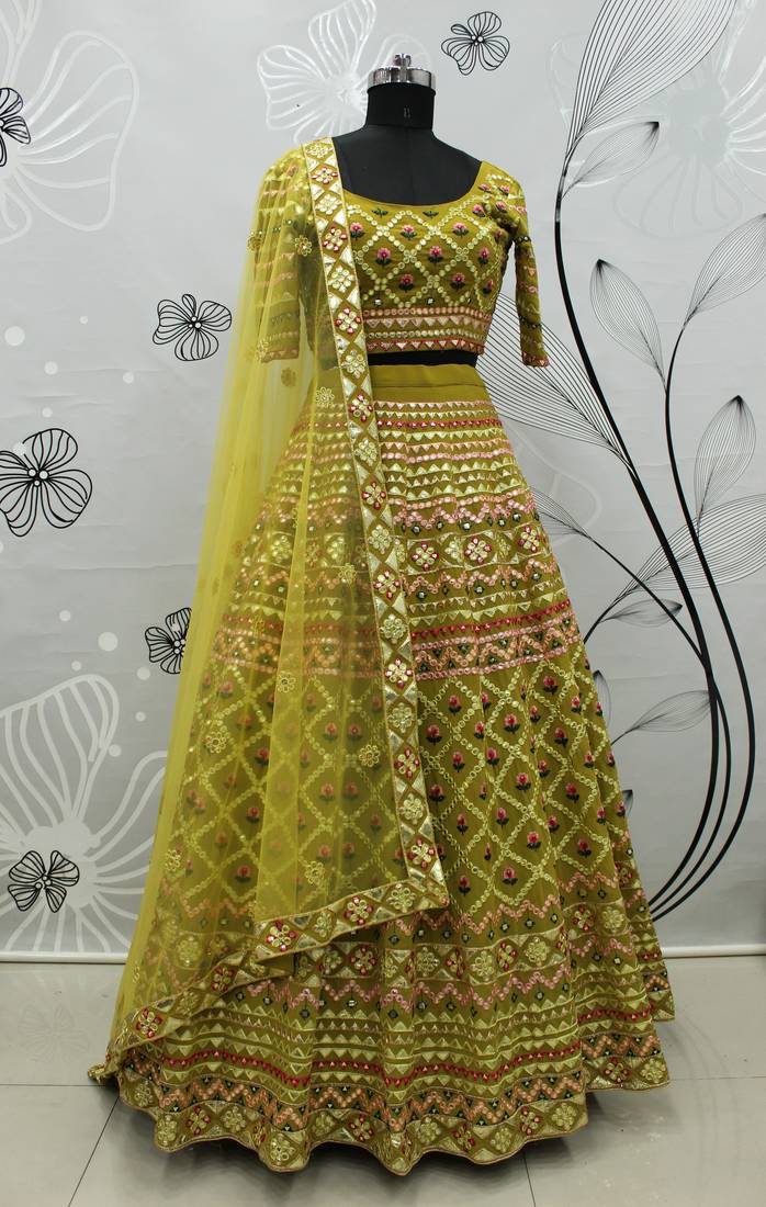 Lime Green Multi-thread with gota patti Embroidered Georgette Semi Stitched Lehenga