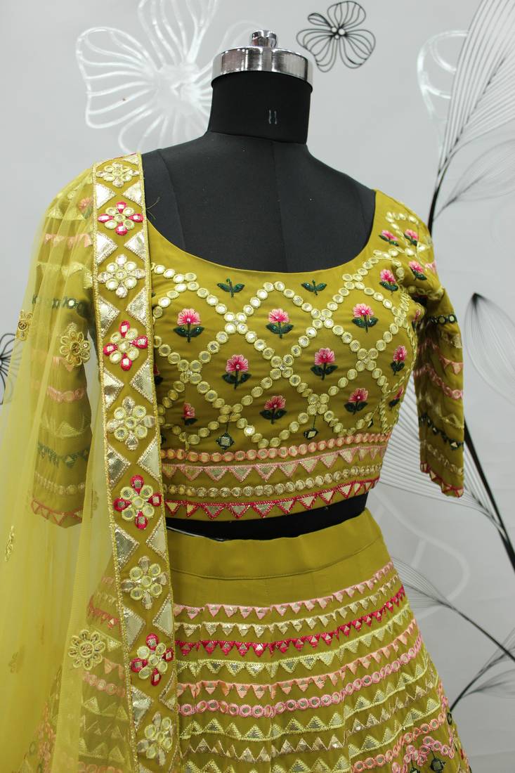 Lime Green Multi-thread with gota patti Embroidered Georgette Semi Stitched Lehenga