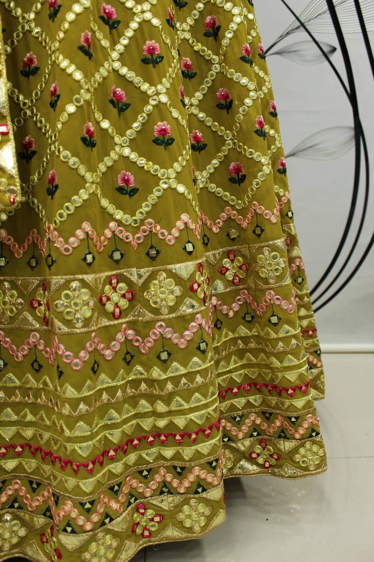 Lime Green Multi-thread with gota patti Embroidered Georgette Semi Stitched Lehenga