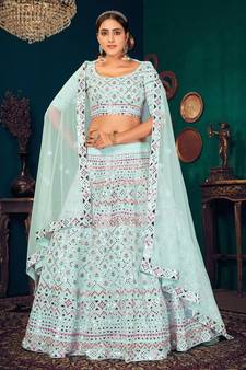 Sky blue Multi-thread with gota patti Embroidered Georgette Semi-stitched Lehenga