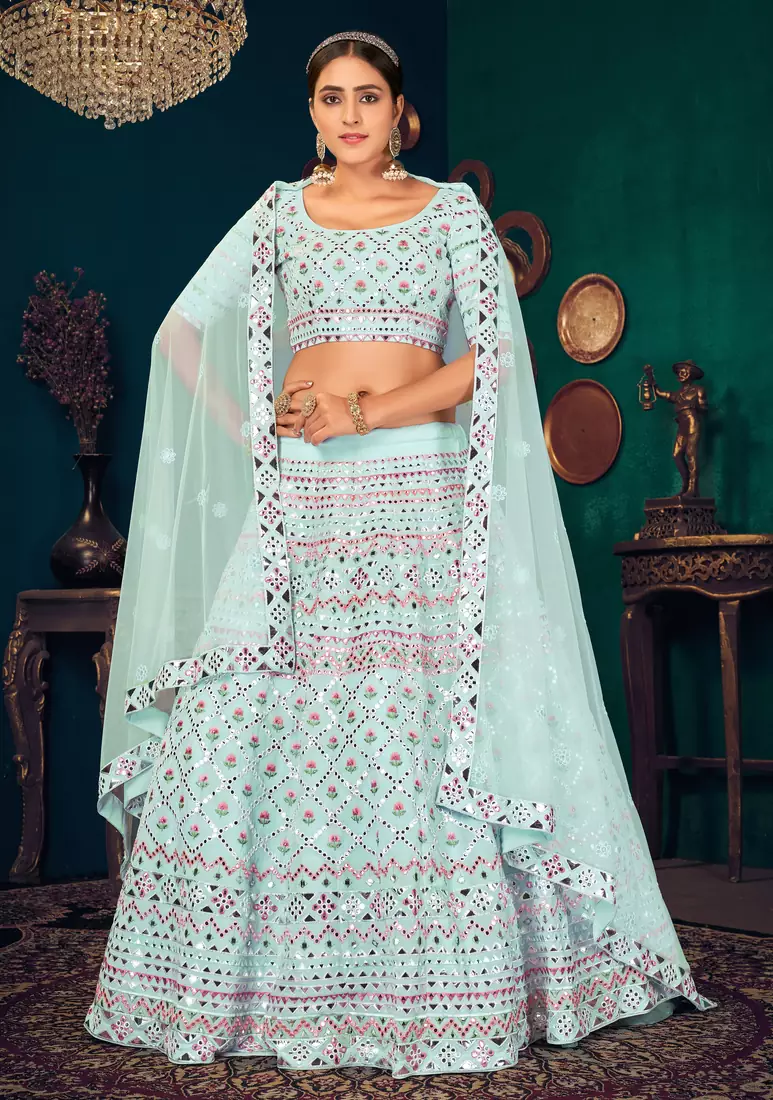 Sky blue Multi-thread with gota patti Embroidered Georgette Semi-stitched Lehenga
