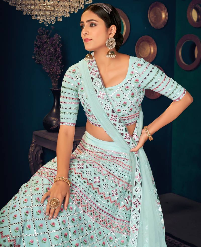 Sky blue Multi-thread with gota patti Embroidered Georgette Wedding & Party Lehenga